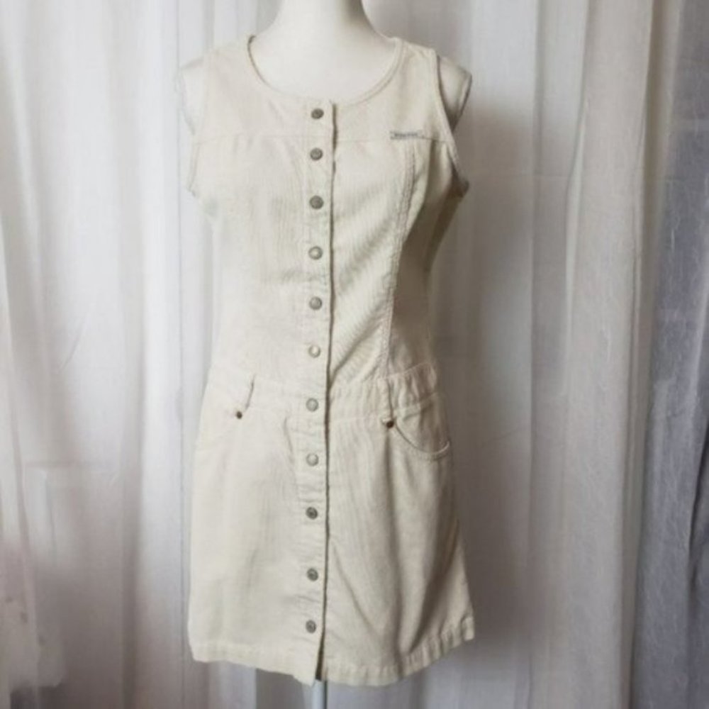 Vintage Guess Jeans Button Down Cream Corduroy Denim Sleeveless Dress